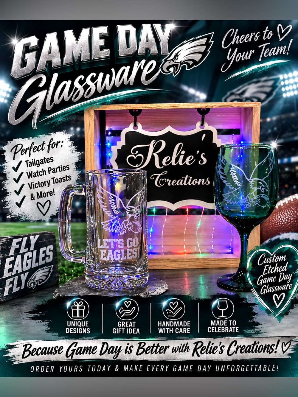Green Etched Glassware — Let's Go Eagles!
